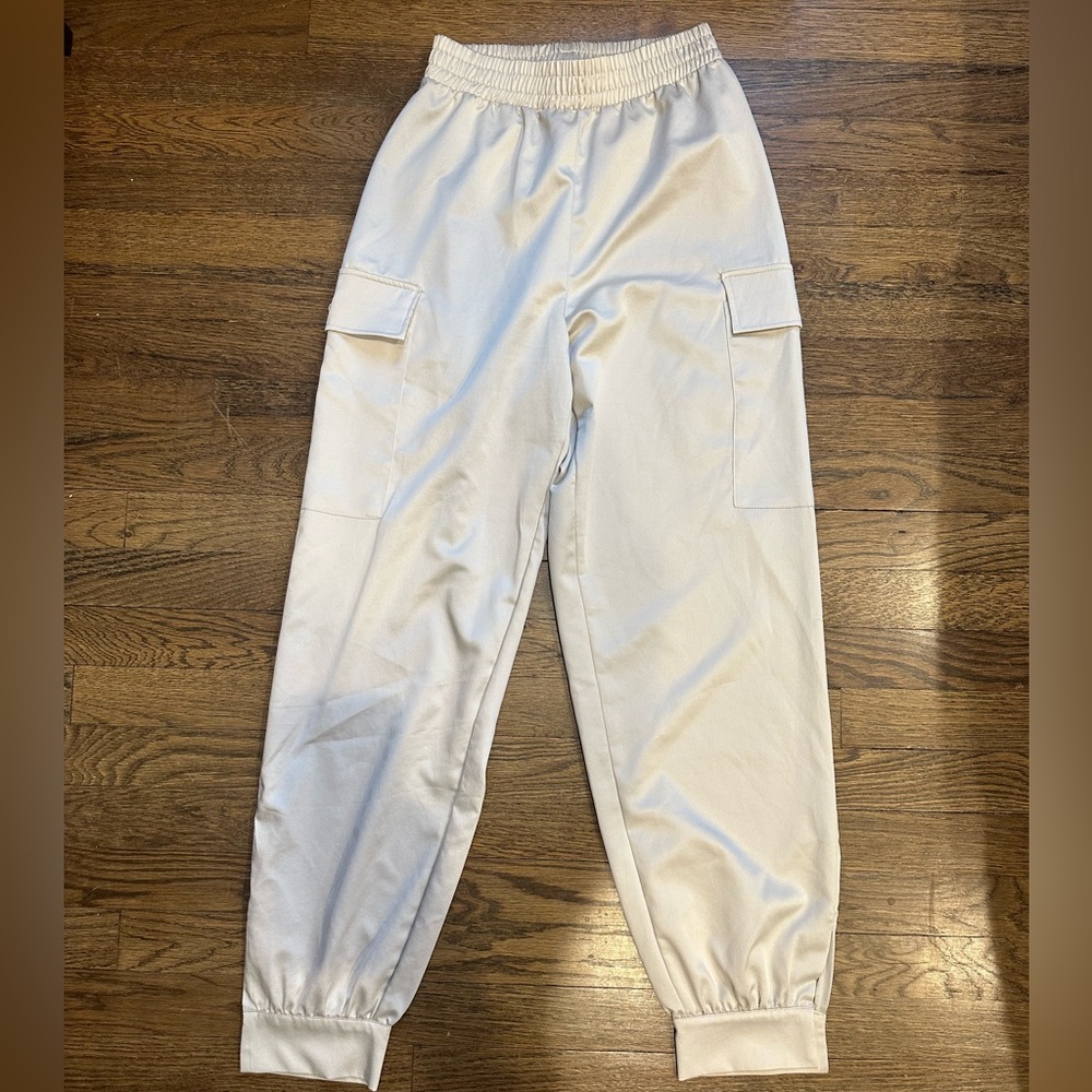 Zara Beige Satin Cargo Joggers Pants